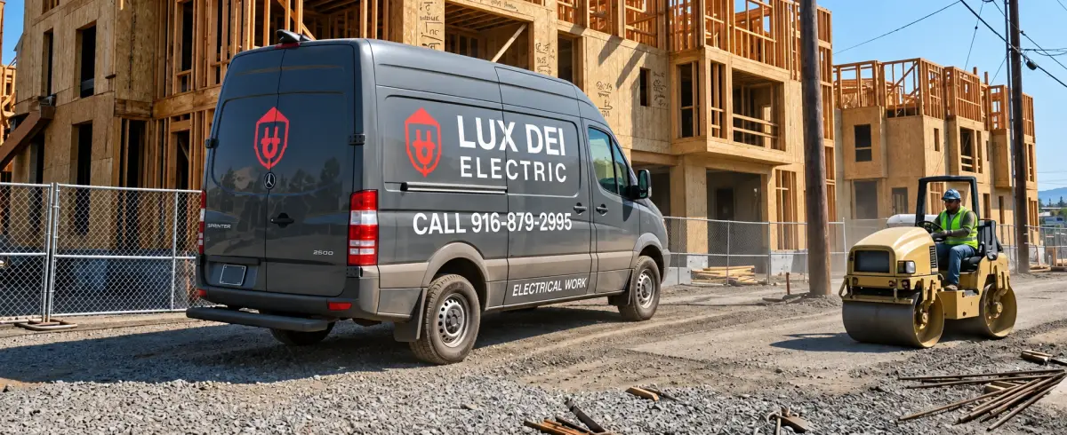 A gray Lux Dei Electric van is parked beside wood-framed buildings under construction. A worker in a high-visibility vest operates a yellow road roller on the gravel nearby.