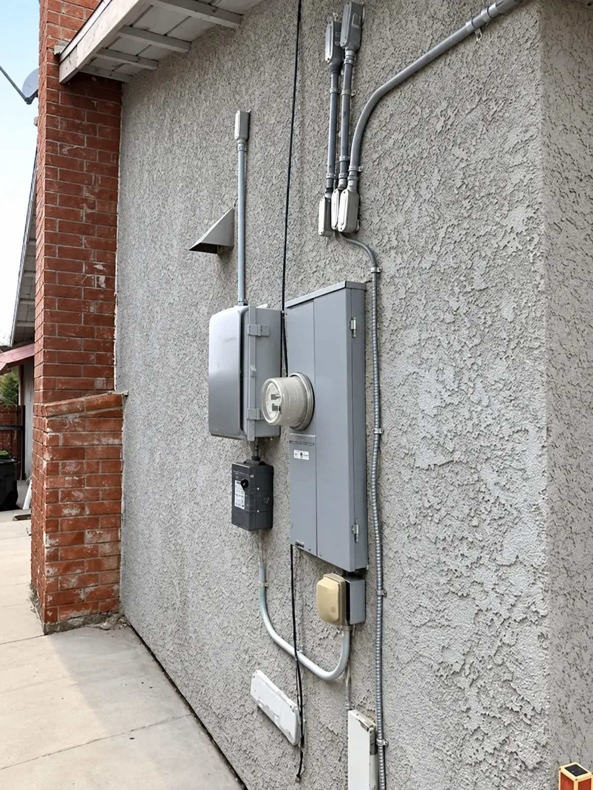 Electrical meter, metal service panels, and conduit mounted on an exterior stucco wall beside a brick column.